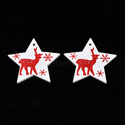 Christmas Theme Spray Painted Wood Pendants, Single-Sided Printed, Star with Reindeer/Stag, White, 47x49x2.5mm, Hole: 2mm(WOOD-N005-50A)