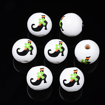 Halloween Printed Natural Wood Beads, Round with Witch Feet, Lime, 15.5x14.5mm, Hole: 4mm