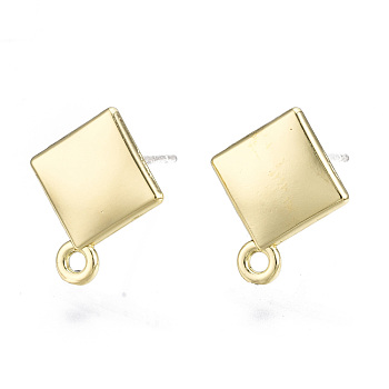 Alloy Stud Earring Findings, with Loop and Steel Pin, Rhombus with Plastic Protective Sleeve, Light Gold, 14x11.5mm, Hole: 1.4mm, Pin: 0.7mm, Side Length: 8.5mm