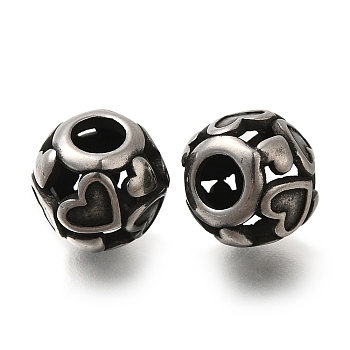 304 Stainless Steel European Beads, Large Hole Beads, Round with Heart, Antique Silver, 9x8.5mm, Hole: 4mm