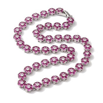 Rack Plating Brass Pave Cubic Zirconia Flower Link Necklaces for Women, Cadmium Free & Lead Free, Long-Lasting Plated, Platinum, Magenta, 16.26 inch(413mm)