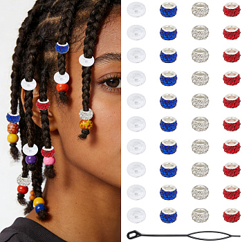 3Pcs Acrylic Hair Pin Bun Maker, Hair Braiding Twist Styling Tool, wiht 60Pcs Polymer Clay Rhinestone European Large Hole Beads & 20Pcs Acrylic Beads, for 
Independence Day, Mixed Color, 120x9x1.5mm, Hole: 7x3mm, 3pcs