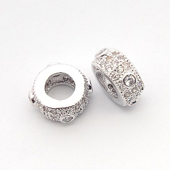 Brass Micro Pave Cubic Zirconia Flat Round Spacer Beads, Cadmium Free & Nickel Free & Lead Free, Platinum, 8x4mm, Hole: 3.5mm