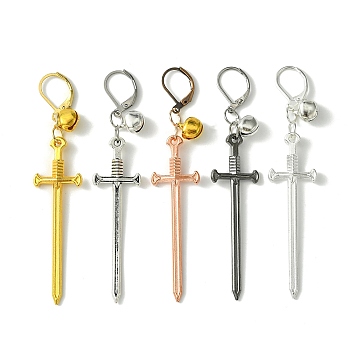 Alloy Sword Big Pendant Decorations, with Iron Bell and Leverback Earring Findings, Mixed Color, 77mm