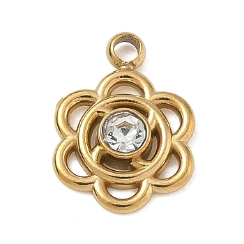 304 Stainless Steel Pendants, with Rhinestone, Flower Charms, Golden, 44.5x36x3mm, Hole: 3.5mm