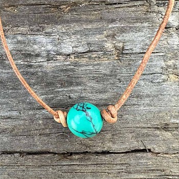 Synthetic Turquoise Round Ball Pendant Genuine Leather Handmade Necklace Simple Elegant Jewelry