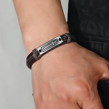 Alloy Rectangle with Cross Link Bracelet, Imitation Leather Cord Adjustable Bracelet for Women, Sienna, Inner Diameter: 2-1/4~3-3/4 inch(5.6~9.5cm) 