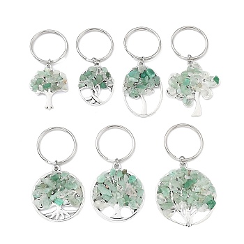 Natural Green Aventurine Chip & Alloy Tree of Life Pendant Keychain, with Iron Split Key Rings, 5.9~6.8cm