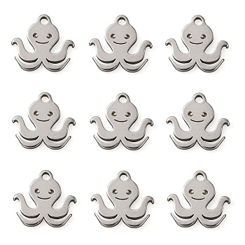 304 Stainless Steel Charms, Octopus, Stainless Steel Color, 9x10x1mm, Hole: 1mm