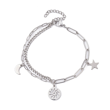 Sun & Moon & Star Charm Bracelets, with 304 Stainless Steel Paperclip Chains, Stainless Steel Color, 7-1/4 inch(18.5cm)