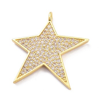 Brass Micro Pave Clear Cubic Zirconia Pendants, Star, Golden, 30x29x4mm, Hole: 1.8x1mm