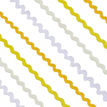 4 Strands 4 Colors Polyester Wave Bending Fringe Trim, Sewing Ribbon, for Cloth Dress DIY Making Decorate, Yellow,  3/16 inch~3/8 inch(5~8.5mm), about 11~12.5m/strand, 1 Stand/color