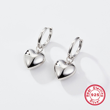 Sterling Silver Hoop Earrings, Heart, with S925 Stamp, Silver, 32x13.8mm