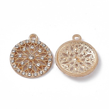 Alloy Rhinestones Pendants, Flat Round with Flower Charms, Light Gold, 22x19x2.7mm, Hole: 1.7mm