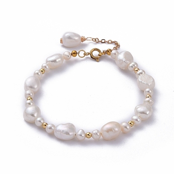 Natural Baroque Pearl Keshi Pearl Beaded Bracelets, with Brass Round Beads and 304 Stainless Steel Spring Ring Clasps, White, 7-1/2 inch(19cm)