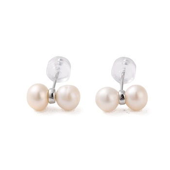 925 Sterling Silver Studs Earring, with Natural Pearl, Platinum, 12x5.5mm