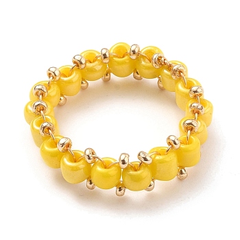 Round Glass Seed Beaded Finger Rings, with Real 18K Gold Plated Copper Wire, Yellow, US Size 10 3/4(20.3mm)