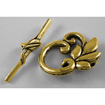 Leaf Tibetan Style Toggle Clasps, Antique Golden, Lead Free and Cadmium Free, Size: Leaf: about 19mm wide, 24mm long, Bar: about 5.5mm wide, 29.5mm long, hole: 1.6mm