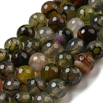 Faceted Natural Dragon Veins Agate Beads Strands, Round, Dyed & Heated, Dark Olive Green, 12mm, Hole: 1.6mm, about 31pcs/strand, 14.76''(37.5cm)