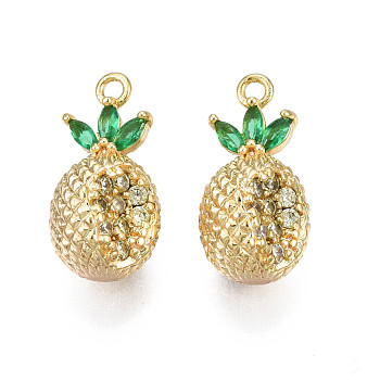 Brass Micro Pave Cubic Zirconia Charms, Real 18K Gold Plated, Pineapple, Clear, 15x7.5x7.5mm, Hole: 1.2mm