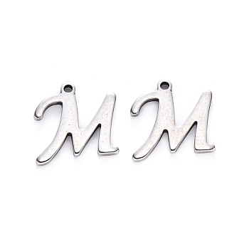 201 Stainless Steel Charms, Laser Cut, Stainless Steel Color, Letter.M, 12x12x1mm, Hole: 1mm