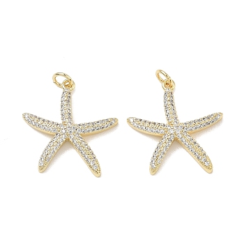 Brass Micro Pave Clear Cubic Zirconia Pendants, Starfish Charms, Long-Lasting Plated, Cadmium Free & Lead Free, Rack Plating, Real 18K Gold Plated, 23.5x22.5x4mm, Hole: 3.5mm