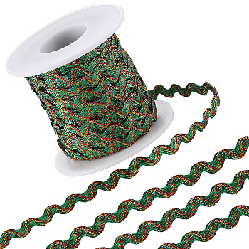 1Pc Sparkle Wavy Polyester Ribbons, with 1Pc Plastic Empty Spools, Green, 1/4 inch(5mm), about 16.40~18.59 Yards(15~17m)/Roll