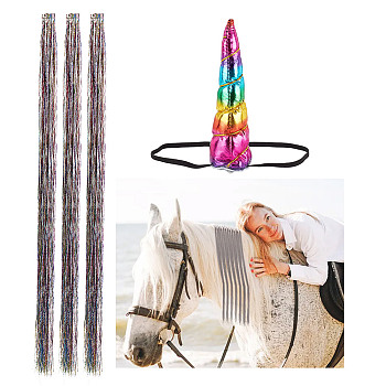 1Pc Polyester Unicorn Horn Ear Elastic Headband, with 30Pcs PET Hair Tinsel Hair Extensions, Colorful, Inner Diameter: 99mm