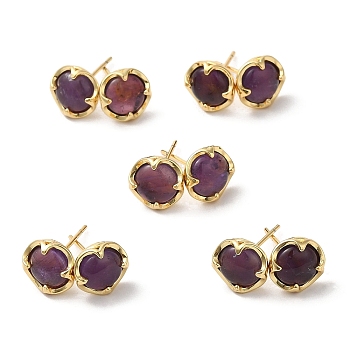 Natural Amethyst Flat Round Stud Earrings, Rack Plating Brass Jewelry, Cadmium Free & Lead Free, Real 18K Gold Plated, 9x9mm