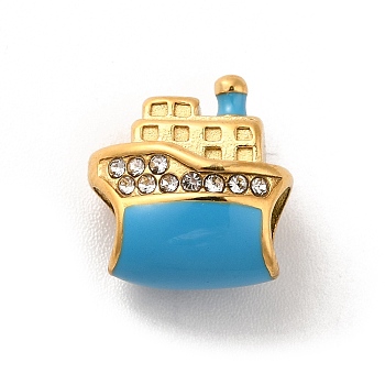 Ion Plating(IP) 304 Stainless Steel Enamel European Beads, with Rhinestone, Large Hole Beads, Steamship, Golden, 13.5x11.5x7.5mm, Hole: 4.5mm
