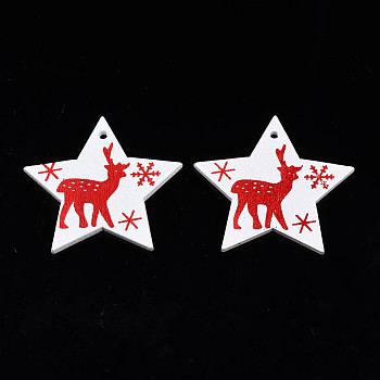 Christmas Theme Spray Painted Wood Pendants, Single-Sided Printed, Star with Reindeer/Stag, White, 47x49x2.5mm, Hole: 2mm
