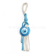 Flat Round with Evil Eye Resin Pendant Decorations, Cotton Cord Braided Tassel Hanging Ornament, Light Sky Blue, 155mm(EVIL-PW0002-12D-05)