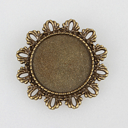 Vintage Alloy Brooch Cabochon Bezel Settings, with Iron Pin Brooch Back Bar Findings, Flower, Cadmium Free & Nickel Free & Lead Free, Antique Bronze, Flat Round Tray: 25mm, 40x2mm, Pin: 0.6mm(PALLOY-N0085-63AB-NF)