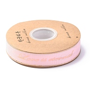 Polyester Grosgrain Ribbon, Edge Golden Hot Stamping, Word Pattern, for Crafts Gift Wrapping, DIY Bows Bouquet Decoration, Pearl Pink, 1 inch(25mm), about 25yards/roll(22.86m/roll)(OCOR-O010-A04)