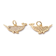Brass Micro Pave Clear Cubic Zirconia Pendants, with Jump Rings, Long-Lasting Plated, Narwhal Shape, Real 18K Gold Plated, 10x20x1.5mm(ZIRC-H110-01G)