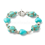 Heart & Tortoise Synthetic Turquoise(Dyed) Beaded Bracelet, Lucky Bracelet for Women, Platinum, Cyan, 7-5/8 inch(19.5cm)(BJEW-JB07302-02)
