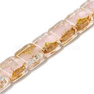 Handmade Gold Sand and Silver Sand Lampwork Beads, Square, Pink, 14~14.5x14x6~6.5mm, Hole: 1.6~1.8mm(FOIL-C001-01B-07)