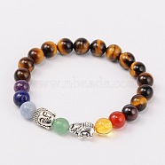 Stretch Buddhist Jewelry Multi-Color Gemstone Chakra Bracelets, with Tibetan Style Beads, Antique Silver, Tiger Eye, 55mm(BJEW-JB01690-01)