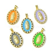 Brass Micro Pave Cubic Zirconia Pendants, with Enamel, Oval with Virgin, Mixed Color, 30x20.5x3.5mm, Hole: 5x3.5mm(KK-H472-02G)