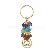 Chakra Natural Gemstone Chip Pendant Keychain, with Iron Findings and Alloy Pendants, Flat Round, Lotus Pattern, 8.05cm, Pendant: 24x19.5x1.5mm(KEYC-JKC00414-04)