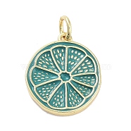 Rack Plating Brass Enamel Pendants, with Jump Ring, Long-Lasting Plated, Cadmium Free & Lead Free, Lemon Slices Charm, Real 18K Gold Plated, Dark Cyan, 17x14.5x2mm, Hole: 3mm(KK-M293-39G-06)