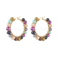 Natural Pearl Beads Hoop Earrings with 304 Stainless Steel Pin, Ring, Colorful, 50x51x5.5mm, Pin: 0.7mm(EJEW-JE04567)