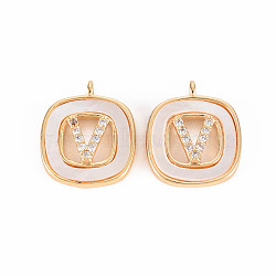 Brass Micro Pave Clear Cubic Zirconia Charms, Nickel Free, Square with Letter V, Real 18K Gold Plated, 13.5x12x3mm, Hole: 1mm(KK-T062-141G-NF)