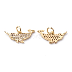 Brass Micro Pave Clear Cubic Zirconia Pendants, with Jump Rings, Long-Lasting Plated, Narwhal Shape, Real 18K Gold Plated, 10x20x1.5mm(ZIRC-H110-01G)
