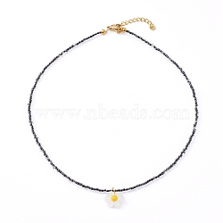 Glass Seed Beads Pendant Necklaces, with 304 Stainless Steel Lobster Claw Clasps, Flower, Golden, Black, 14.80 inch(37.6cm)(NJEW-JN03338-02)