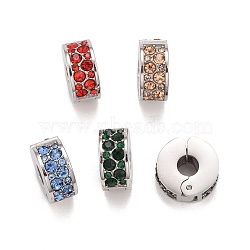 304 Stainless Steel European Clasps, with Rhinestone, Large Hole Beads, Stainless Steel Color, Flat Round, Mixed Color, 10.5x11x5mm, Hole: 3.5mm(STAS-C047-04P)
