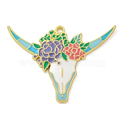 Alloy Enamel Pendants, Golden, Cattle Head with Flower Charm, Sky Blue, 34x45.5x2.5mm, Hole: 2mm, 10pcs/set(FIND-Z049-02A-02G)