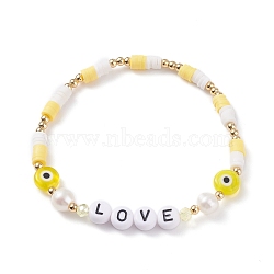 Love Word Acrylic & Heishi Polymer Clay Beaded Stretch Bracelets, Evil Eye Lampwork Beads Bracelets for Women, Yellow, Inner Diameter: 2-1/8 inch(5.5cm)(BJEW-TA00069-03)