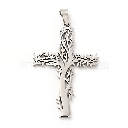 Non-Tarnish 201 Stainless Steel Pendants, Cross with Tree, Stainless Steel Color, 47x31.5x2mm, Hole: 6.5x4mm(STAS-E015-13P)