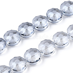 Electroplate Glass Beads Strands, Frosted, Rainbow Plated, Faceted, Flat Round, Light Steel Blue, 14x8~10mm, Hole: 1.5mm, about 50pcs/strand, 26.77 inch(EGLA-Q084-14mm-11)